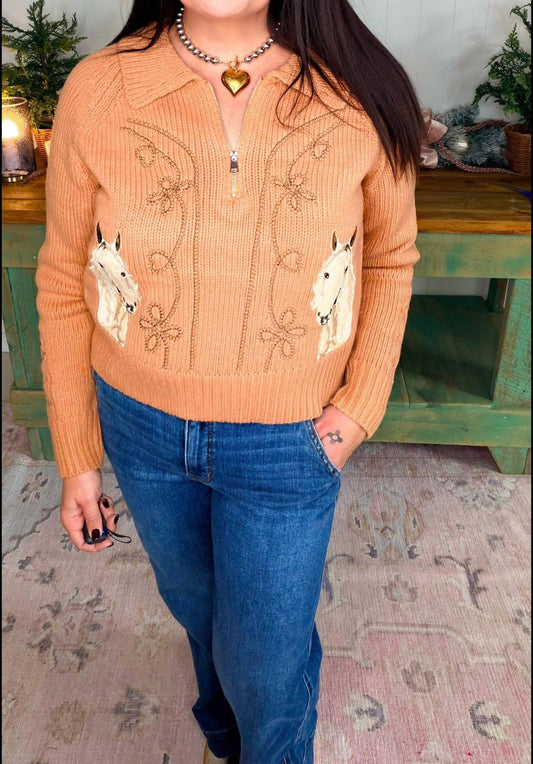 Blue B - Horse Embroidered Zip Up Mock Neck Sweater