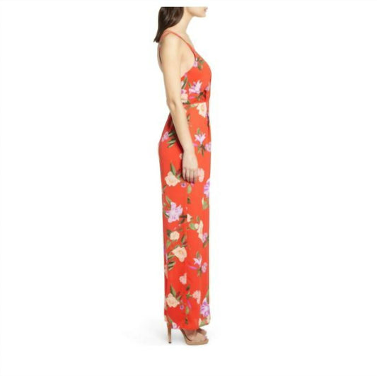 Astr - Floral Chiffon V Neck Strappy Back Wide Leg Jumpsuit
