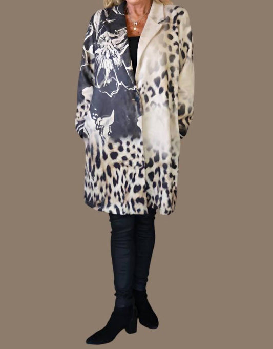 Look Mode Usa - Faux Suede Leopard And Flower Print Long Jacket