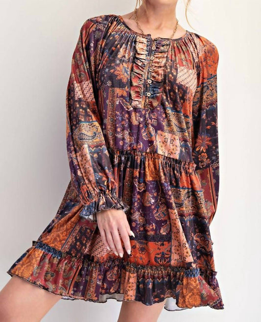 Easel - Patchwork Printed Velvet Mini Dress
