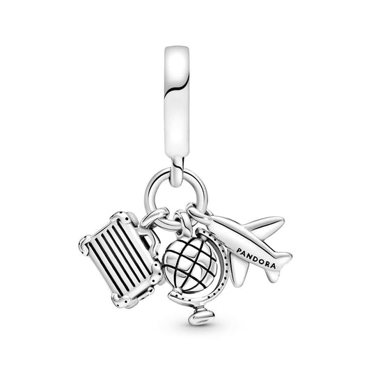 Pandora - Airplane Globe & Suitcase Triple Dangle Rose Charm