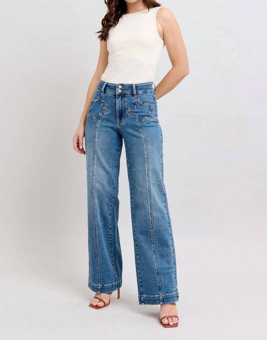 Judy Blue - High Waist Double Button Star & Front Seam Detail Wide Leg Denim Jeans