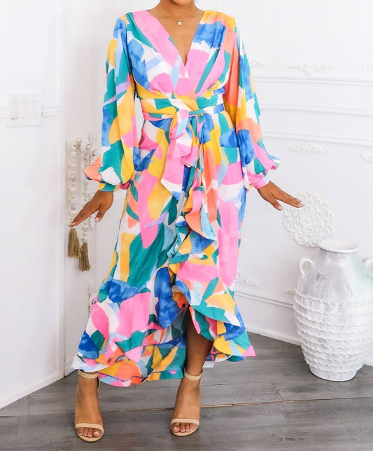 Surelymine - Color Splash Ruffle Wrap Maxi Dress with Balloon Sleeves