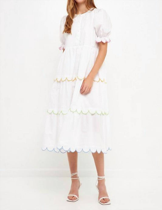 2.7 August Apparel - Scallop Edge Puffy Short Sleeve Midi Dress