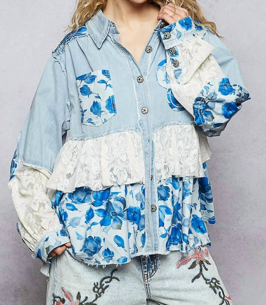 Pol - Patchwork Denim Shirt With Lace Trim Details