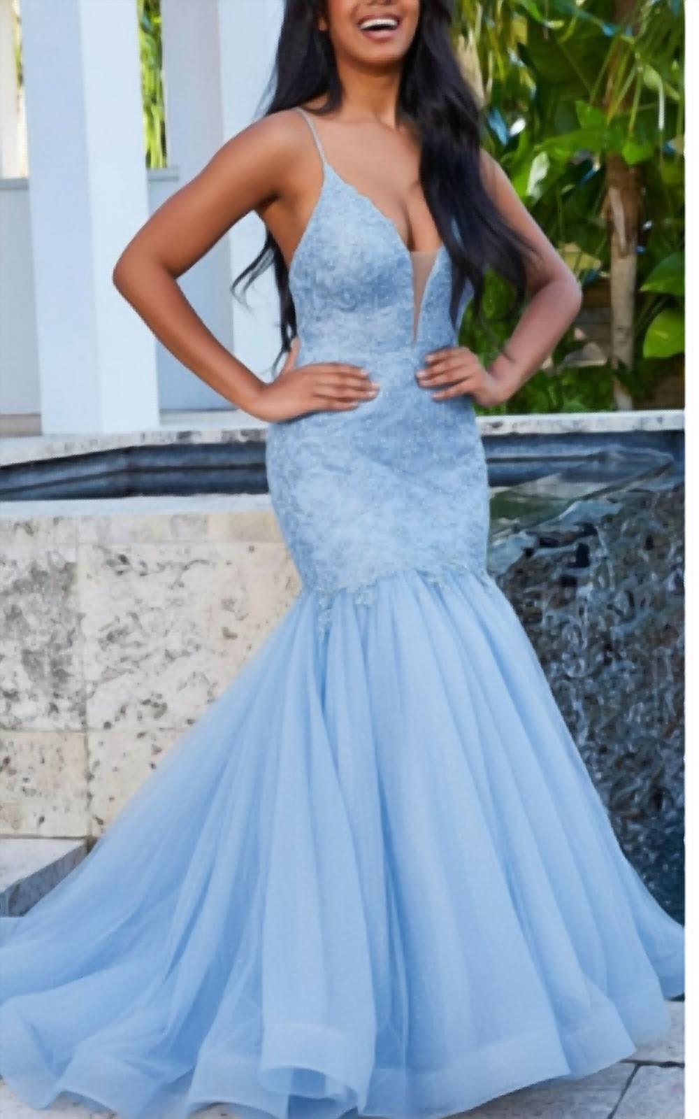 Jovani - Embroidered Plunging Neckline Mermaid Long Prom Dress  Snagged &  Bagged