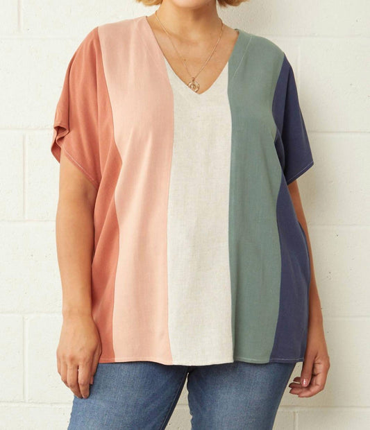 Entro - Color Block Short Sleeve V-neck Top
