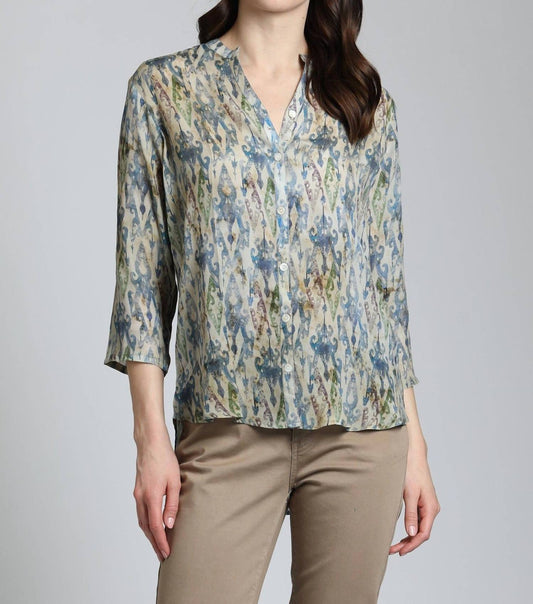 Apny - Ikat Print Quarter Sleeve Mandarin Collar Button Up Blouse