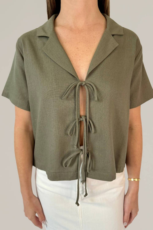 Nlt - Linen Short Sleeve Tie Front Collared Blouse