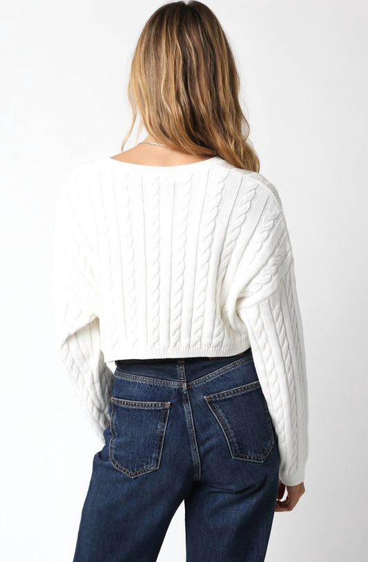 Olivaceous - V-neck Cable Crop Sweater