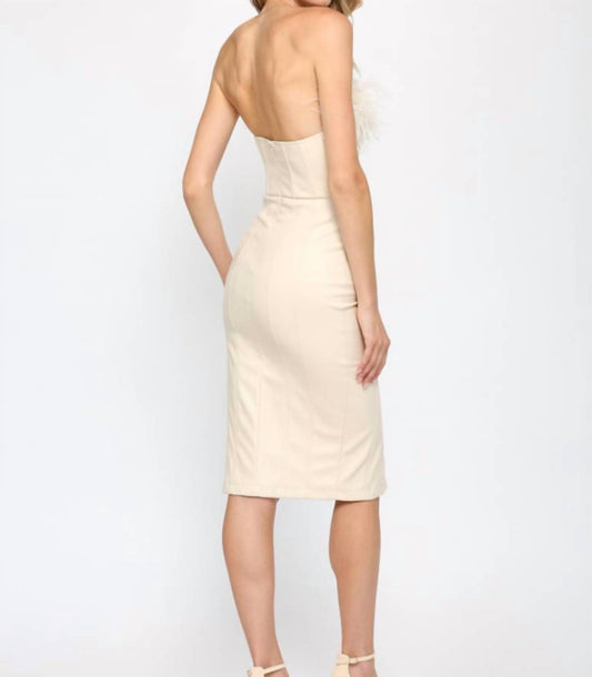 Lola Faux Leather Strapless Dress with Feather Trim