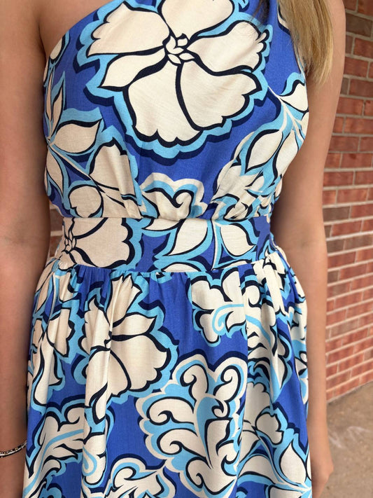 Meet Me In Santorini - Azure Bloom One Shoulder Dress