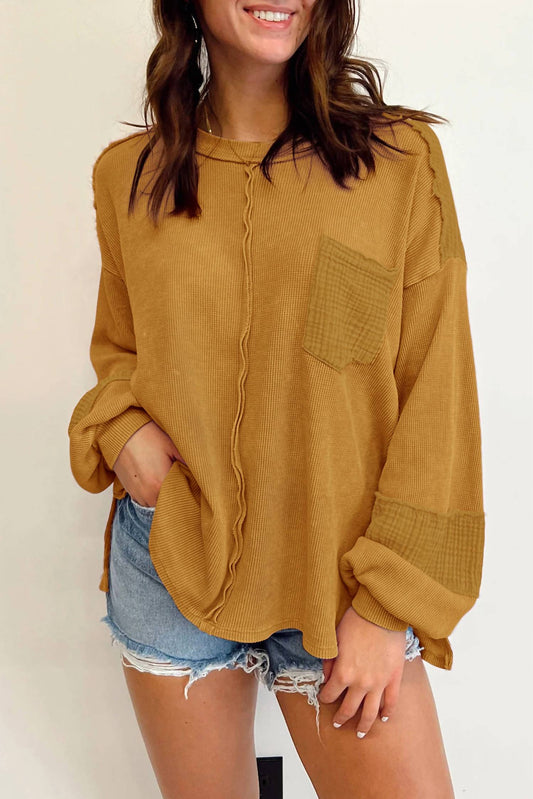 Shewin - Waffle Crinkle Patchwork Long Sleeve Top