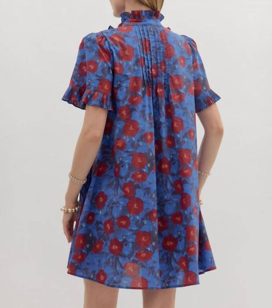 Entro - Crimson And Cobalt Floral Pintuck Mini Dress