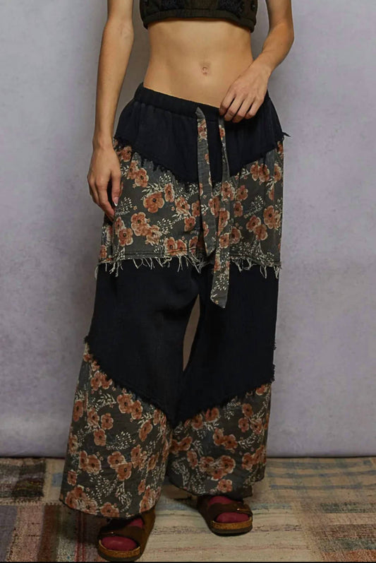 Pol - Wide Leg Floral Elastic Waist Gauze Pants