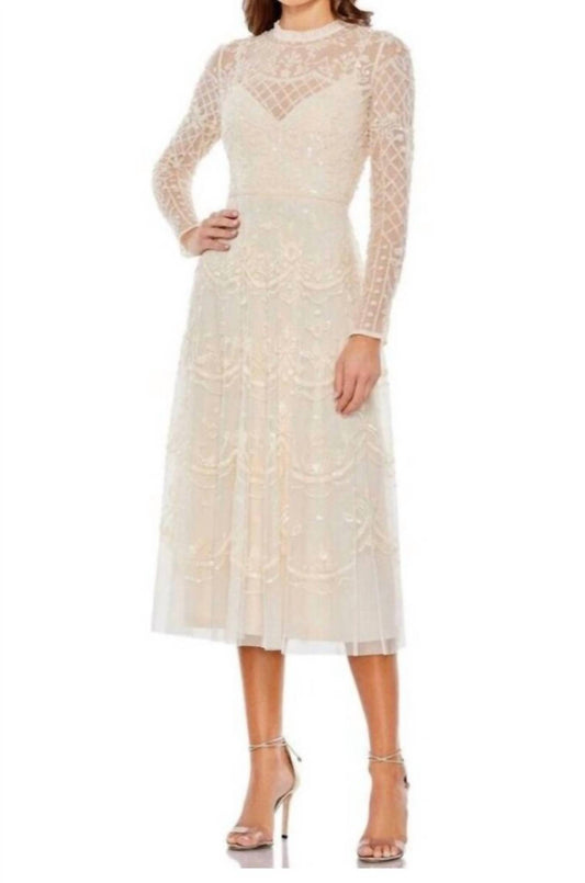 Mac Duggal - Sequined Illusion High Neck Long Sleeve Midi Dress