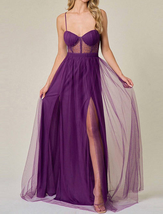 Maniju - Sheer Embellished Tulle Two Slits Prom Dress