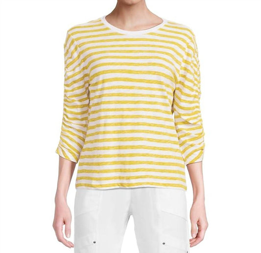 Elliott Lauren - Stripe 3/4 Ruched Sleeve Tee