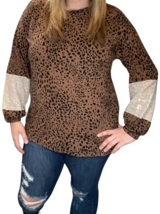 Honeyme - Leopard Sequin Sleeve Sweater