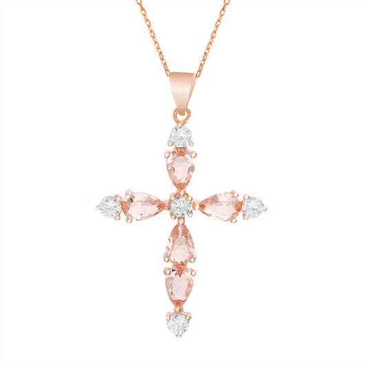 Allyanna Gifts - Women's Sterling Silver Morganite Clear Cubic Zirconiacross Necklace