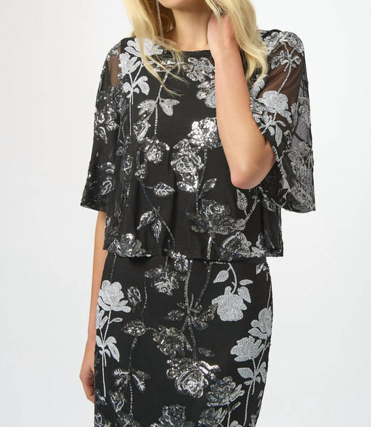 Joseph Ribkoff - Sequin Embroidered Floral Print Boxy Top