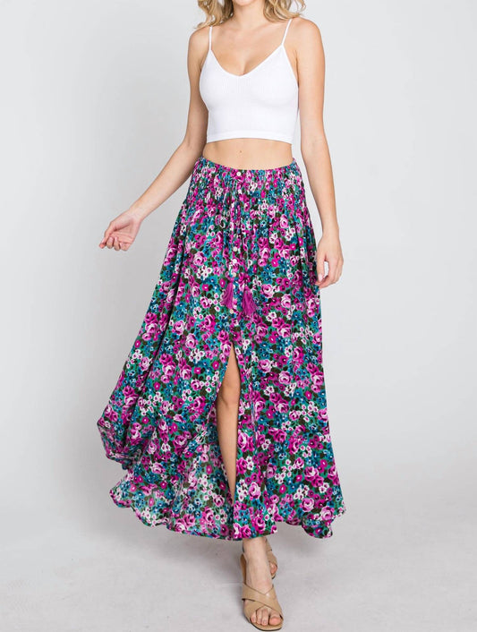 Ee:Some - Floral Maxi Skirt With Smocked Waist & Button Front
