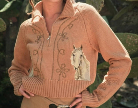 Blue B - Horse Embroidered Zip Up Mock Neck Sweater
