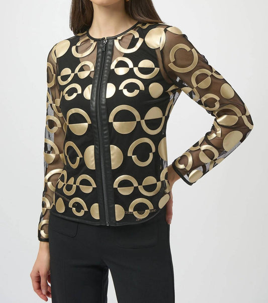 Joseph Ribkoff - Geometric Faux Leather Mesh Jacket