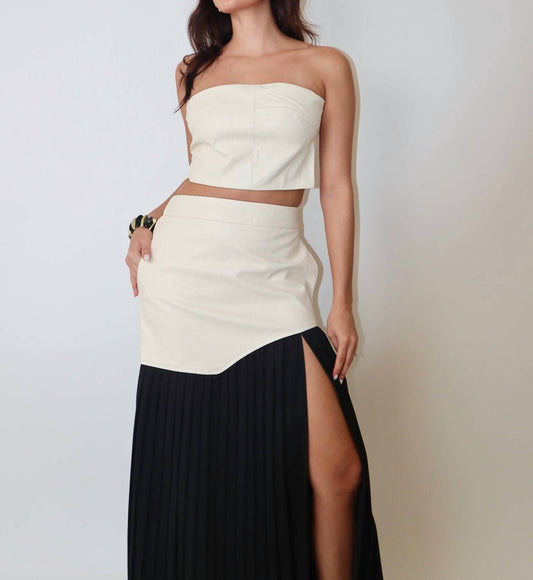 Mulla - Faux Leather Top And Pleated Slit Skirt Set