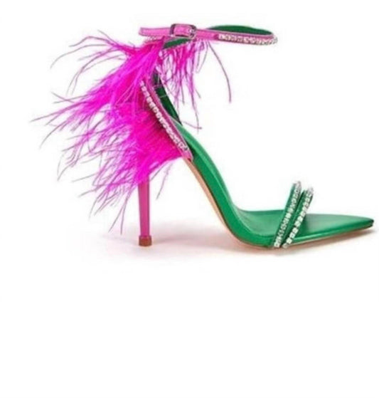 Azalea Wang - Women's Ella Feathered Ankle Strap Heels