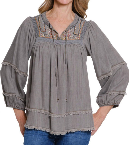 Multiples - Embroidered Fringe Hemline Blouse