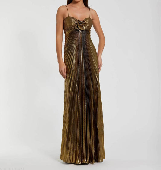 Mac Duggal - Metallic Pleated Gown with 3D Flower