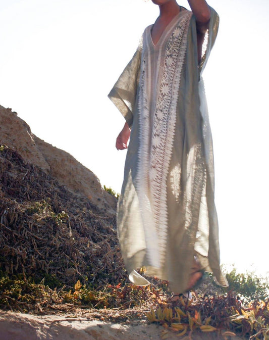 Miguelina - Brea Flower Lace Trim Caftan Maxi Dress