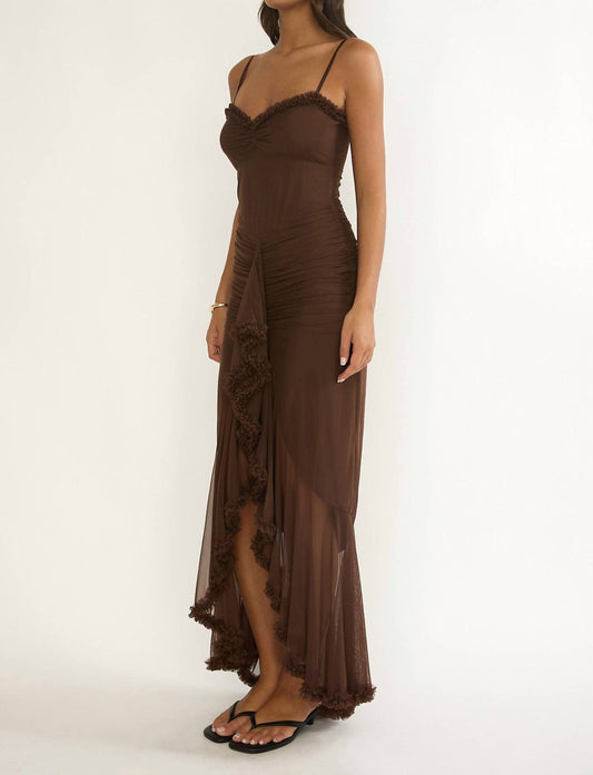 Blue Blush - Gathered Waist Frill Trim Maxi Dress