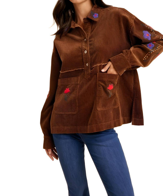 Knit & Lounge - Embroidered Floral Corduroy Button-up Jacket