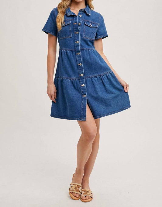 Bluivy - Tiered Button Down Denim Shirt Dress