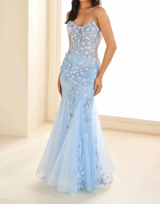 Ellie Wilde - Lace Appliques Glitter Tulle Trumpet Gown