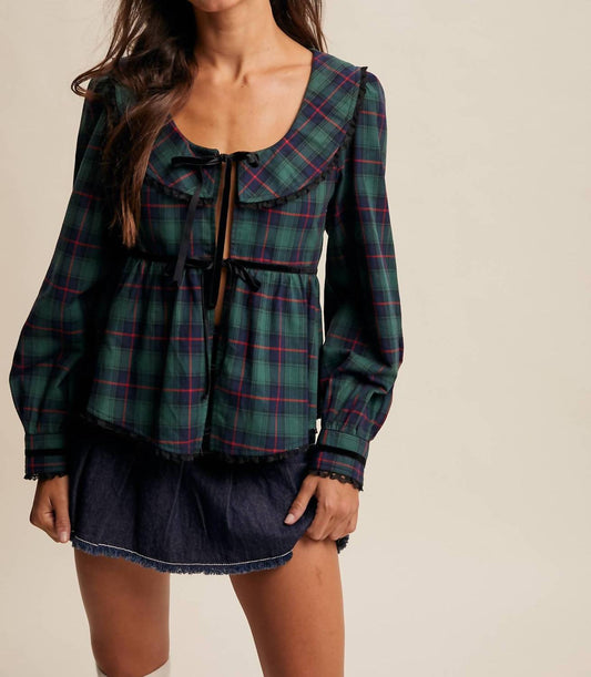 Listicle - Plaid Velvet Trim Holiday Blouse