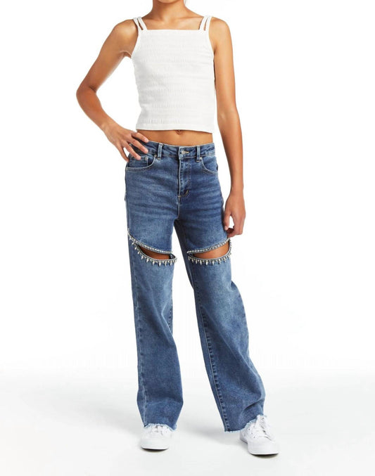 Tractr - Girls Swiftie Crystal Slit Straight Leg Jeans