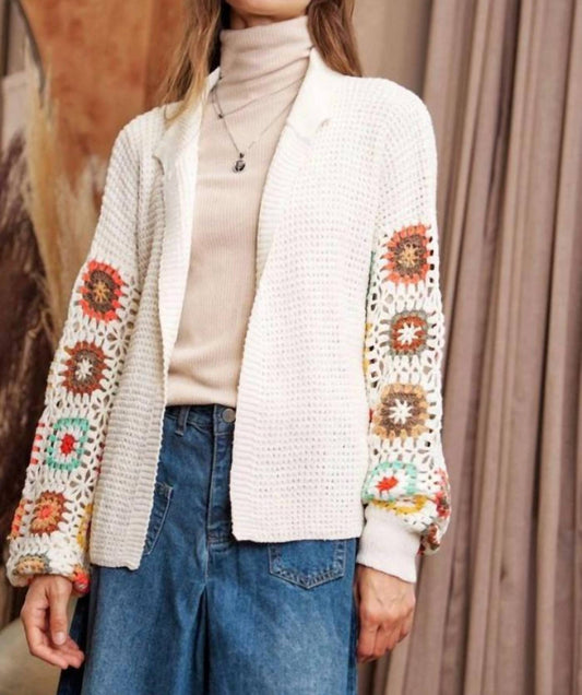 Davi & Dani - Crochet Floral Printed Long Sleeve Knit Cardigan