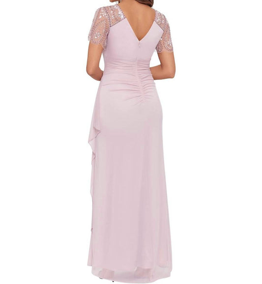 Xscape - Lana Long V-neck Beaded Flutter Sleeve Dress