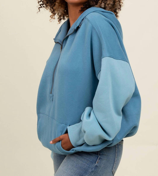 Bibi - Oversized Color Block Elastic Hem Fleece Hoodie