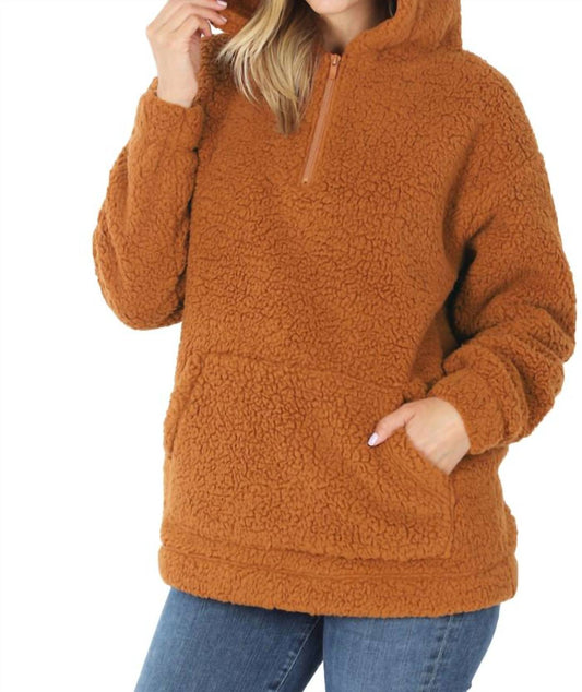 Zenana - Soft Sherpa Half Zip Pullover With Pockets