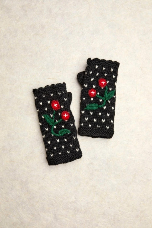 By Many Hands - Cherries Noir Knit Handwarmers