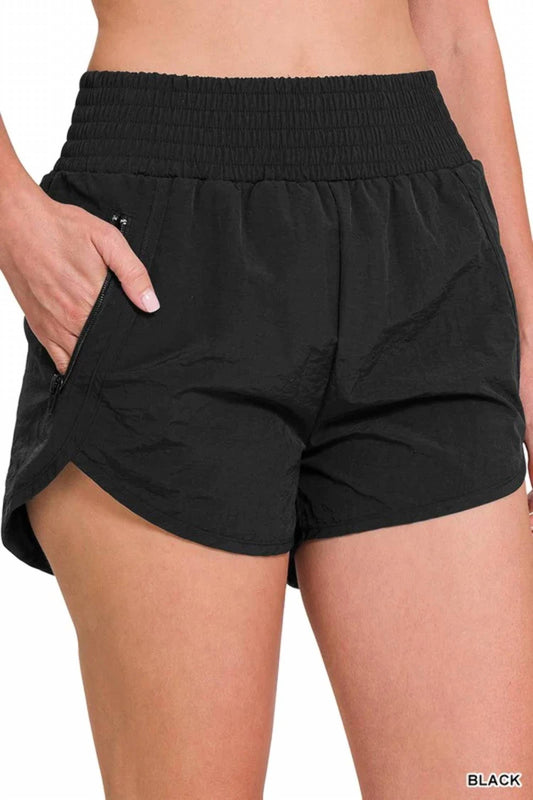 Zenana - Windbreaker Smocked Waistband Running Shorts