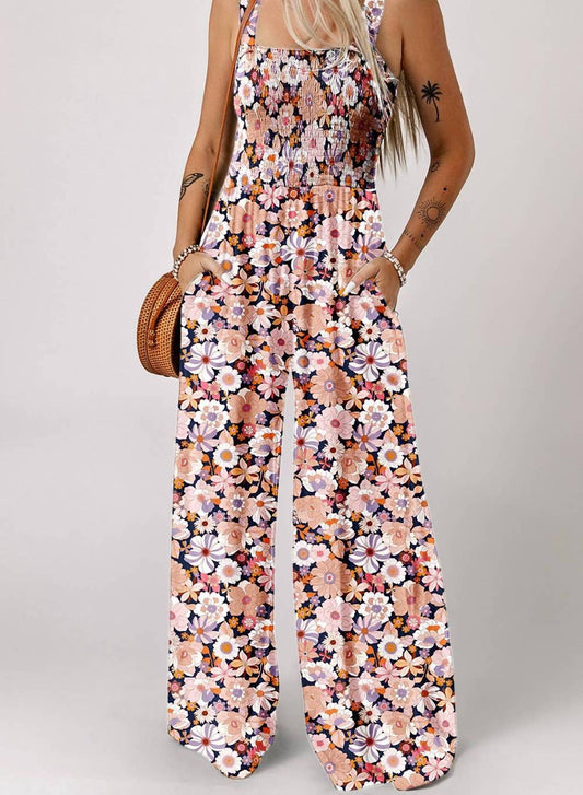 Aapparella - Floral Print Smocked High Waist Fashion Jumpsuit