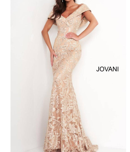 Jovani - brocade off the shoulder gown