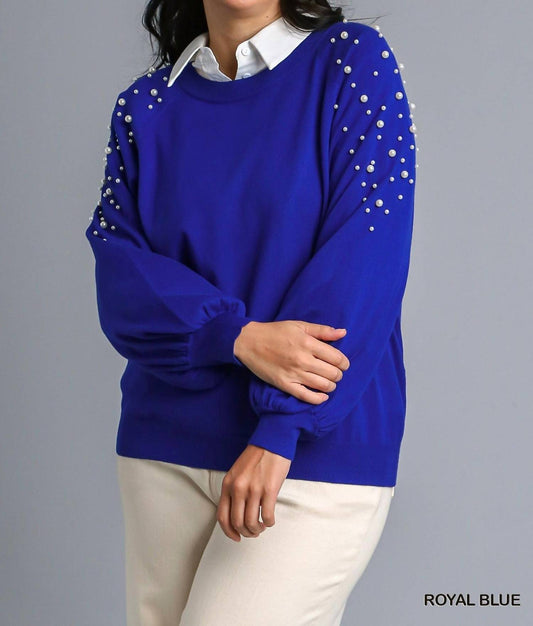 Round Neck Pullover Sweater With Long Sleeve Pearl Details
