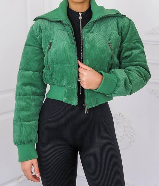 Surelymine - Keep Up With Me Crop Corduroy Full Zipper Puffer Jacket