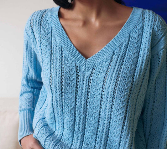 White + Warren - Recycled Cotton Open Cable V-Neck Sweater